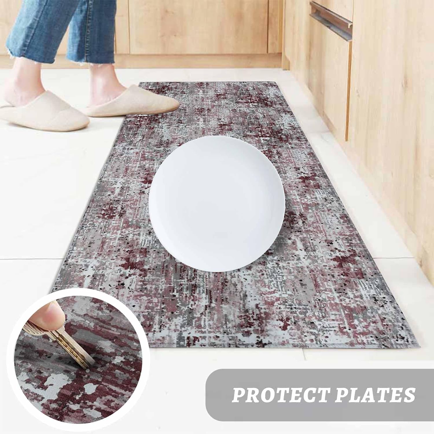 Teamery Kitchen Mats for Floor Gradient Grey Wine Red Washable Non Slip Kitchen Rugs 1PCS, Abstract Mottled Vintage Absorbent Standing Mats for Sink Bathroom Office Living Room 15.7x47.2in