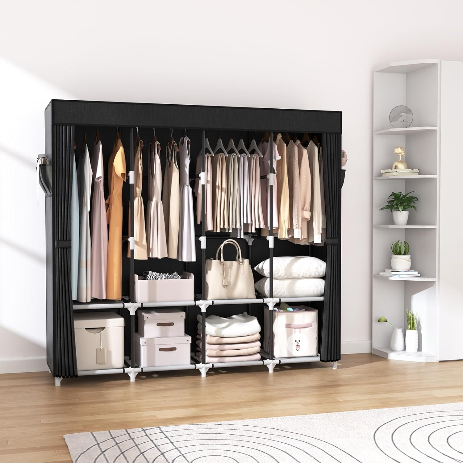 Armoire de Rangement, Penderie Portable - 170 cm de large - Grande capacité - Avec couvercle,4 étagères de rangement et 4 barres de suspension-Armoire en tissu autonome robuste pour chambre à coucher