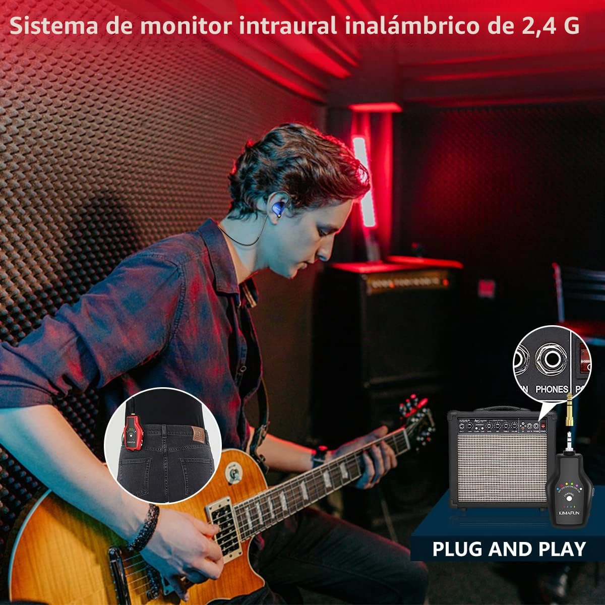 KIMAFUN 2.4G Sistema Inalámbrico In-Ear Monitorización, En La Oreja Monitor Estereofónico para Ensayo de Banda, Amplificador de Bajo de Guitarra, Parlantes, Grabación, Transmisión en Vivo(1TX+1RX)