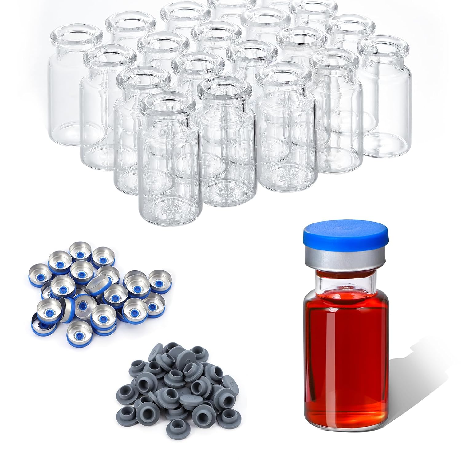 10mL Borosilicate Vials, Rubber Stoppers, Crimp Caps, 200 Pack | Heat-Resistant Glass with Secure Rubber Stoppers and Crimp Caps for Laboratory Sample Storage, Research, and Testing