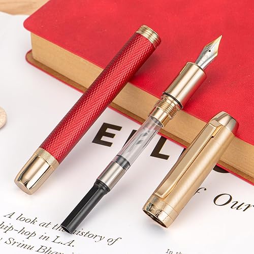 Miniatura 4 de Jinhao 92 Pluma estilográfica roja de punta media, metal sólido con convertidor de escritura lisa pluma de caligrafía
