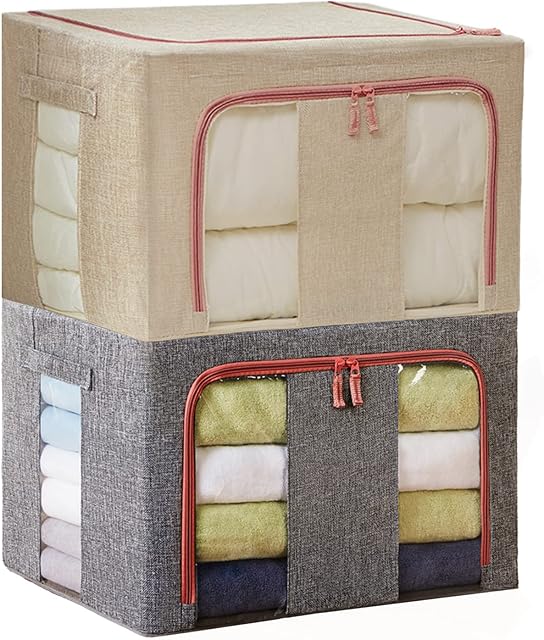 2 Pack Large Capacity Clothes Storage Organizer, Foldable Steel Frame Storage Bins, Perfect for Comforters, Bedding, Toys, with Sturdy Zipper & Clear Window-66L