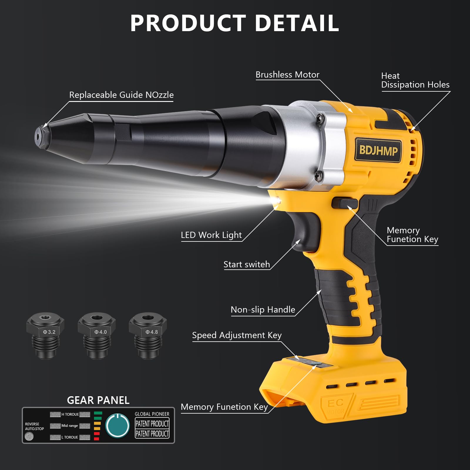 Akku-Nietpistole für Dewalt 20 V Max Akku (ohne Batterie), bürstenlose elektrische automatische Nietpistole, bürstenloser Motor für Nieten 1/8 Zoll, 5/32 Zoll, 3/16 Zoll, für Metall, Kunststoff und