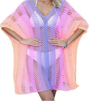 Womens Swimsuit Cover-up Crochet Cut-Out Long Gradient Bikini Beach Skirt See-Through Woven Dress Multicolor