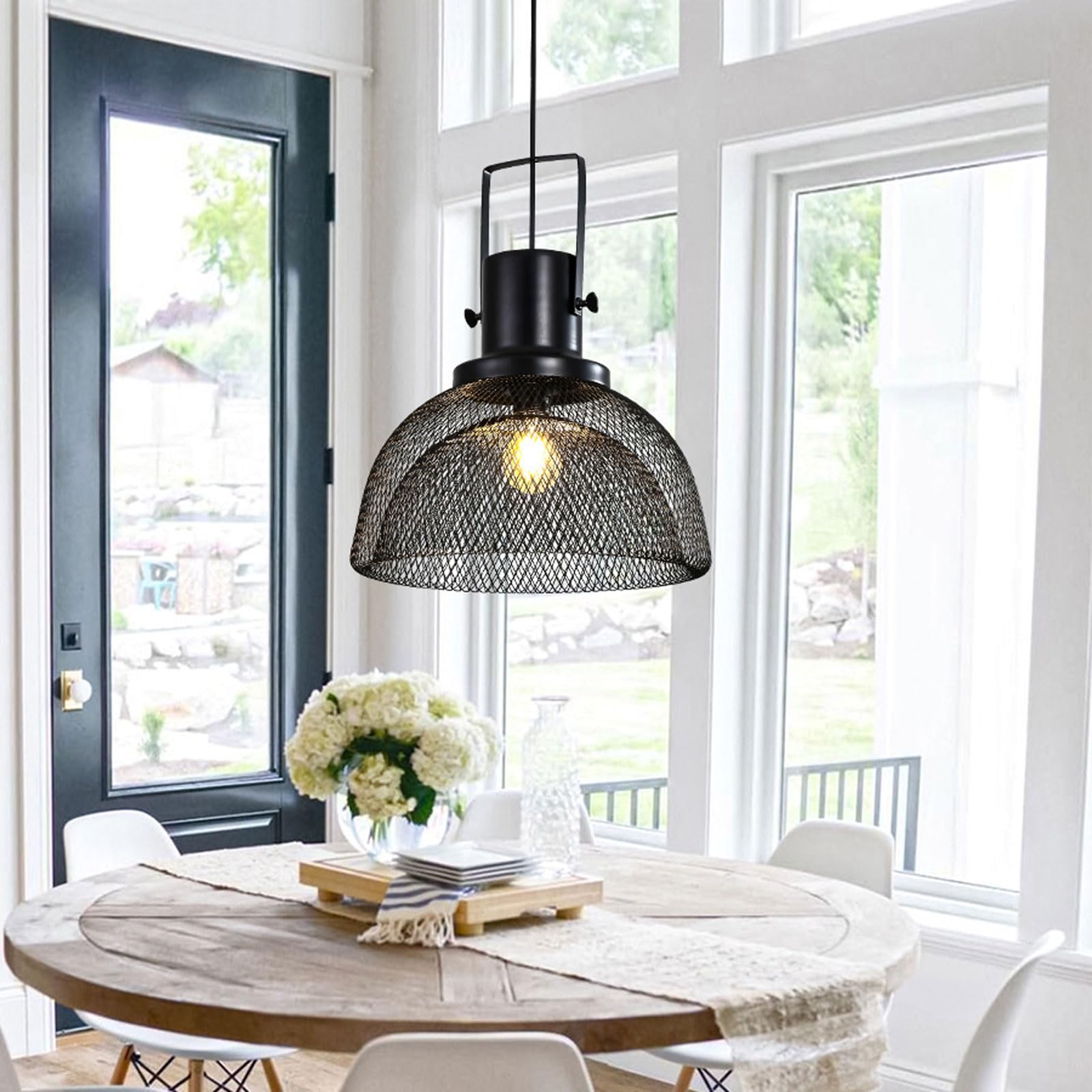 Lampadario a sospensione industriale in rete metallica nera per isola cucina, stile bar americano, adatto per caffè e balconi.