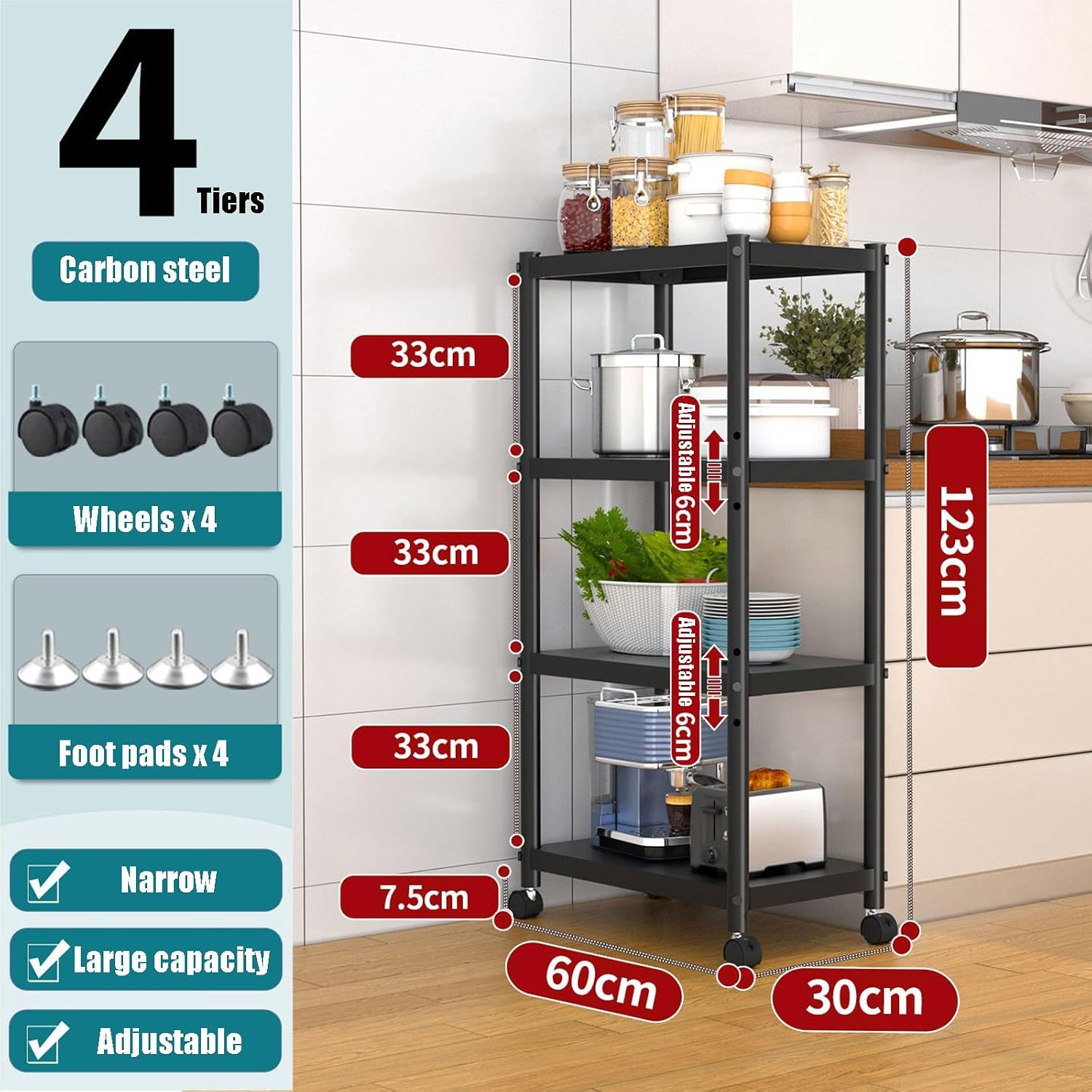 Slim Kitchen Microwave Stand Cart for Small Spaces, Metal Carbon Steel Shelving Unit, 3/4/5-Tier Rolling Storage Shelf Organizer for Pantry, Restaurant(H123cm)