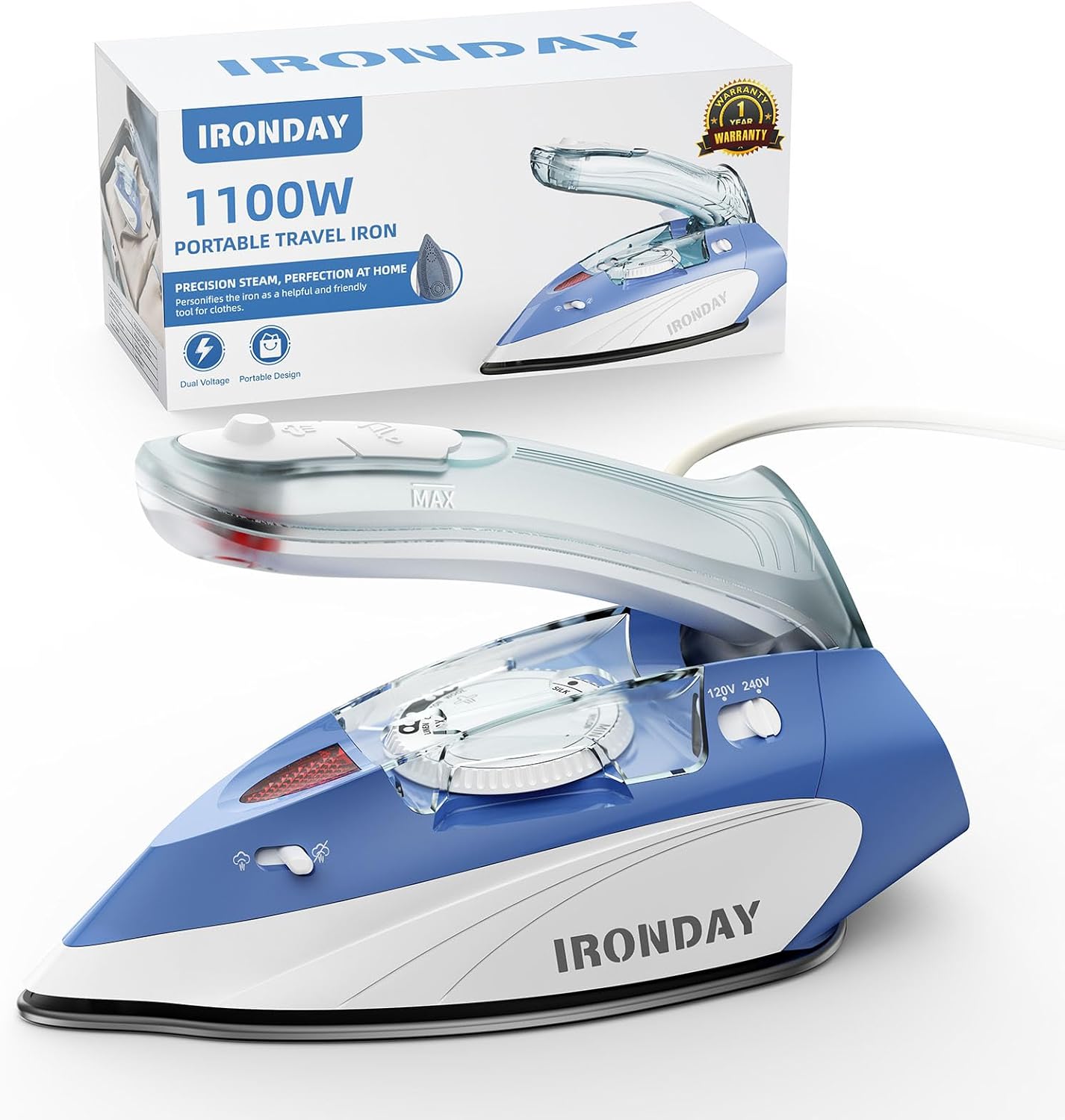1100W Mini Travel Iron with Steam for Clothes with Dual Voltage, 2.7oz Water Tank,Temperature Control, Non-Stick Soleplate, Folding Handle,Portable Small Iron for Sewing,Quilting and Handcraft