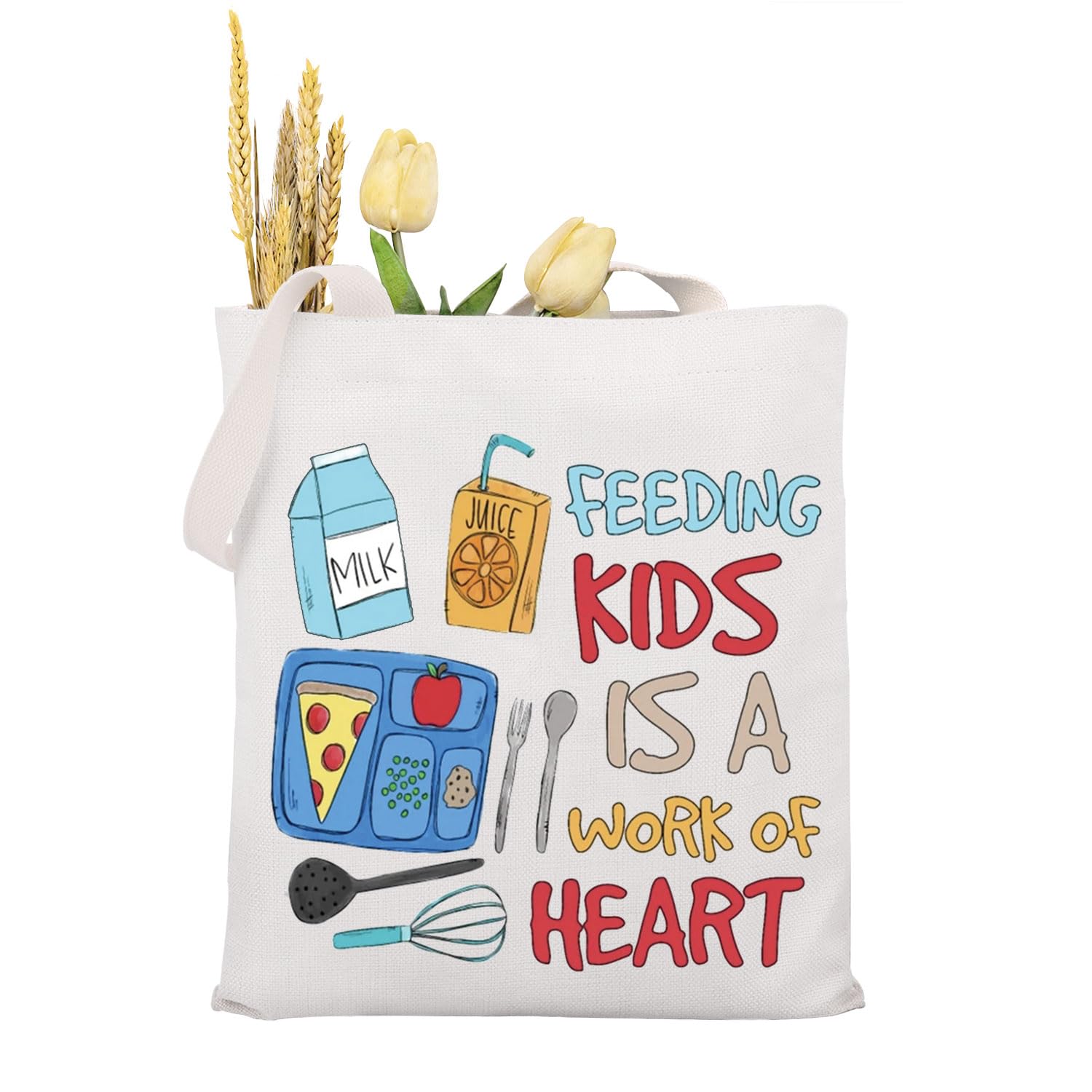 MAOFAED Lunch Lady Gift Cafeteria Worker Gift Feeding Kids Is A Work Of Heart Tote Bag Lunch Lady Thank You Gift