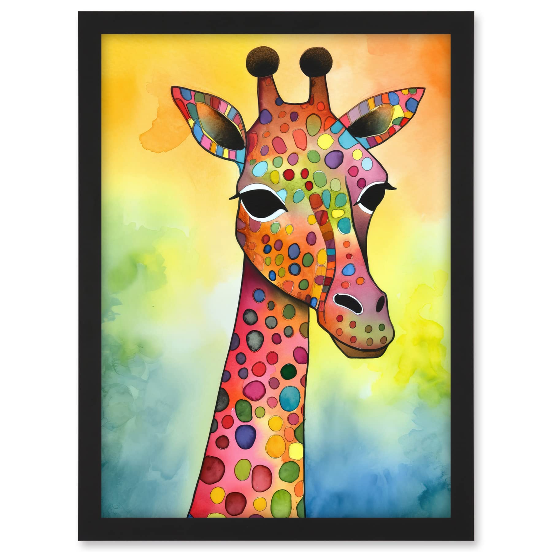 Artery8 Giraffe With Multicolour Pattern Folk Art Watercolour Painting Artwork Framed A3 Wall Art Print