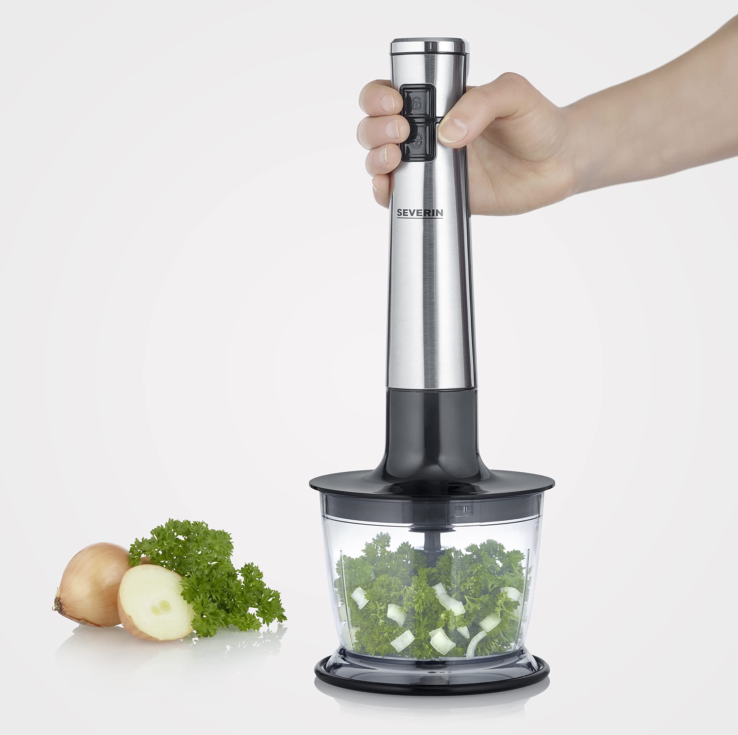 SEVERIN Frullatore a Immersione Senza Fili, 100W, 14.000 giri/min, Ricarica Rapida, Asta Removibile, con Frusta, Tritatutto, Schiacciapatate Incluso, BPA Free, 6,5 x 6,5 x 40,0 cm, Nero/Inox - SM 3775