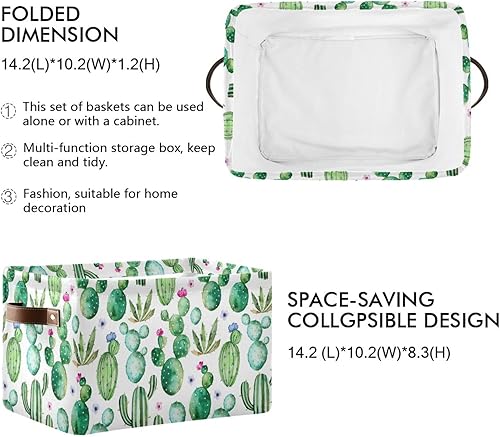 Miniatura 2 de Canasta de almacenamiento de cactus suculentas, diseño floral, resistente para almacenamiento de juguetes, cesta de lavandería con asas para