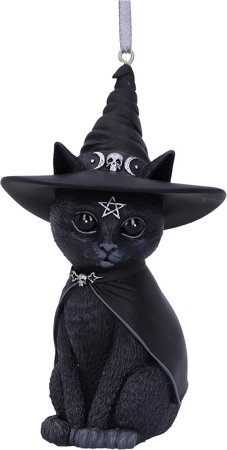 Nemesis Now Cult Cuties Purrah Hanging Ornament 11.5cm, Resin, Black, Scarily Adorable Bewitching Cat Hanging Ornament, Witch Cat, Cast in The Finest Resin, Expertly Hand-Painted
