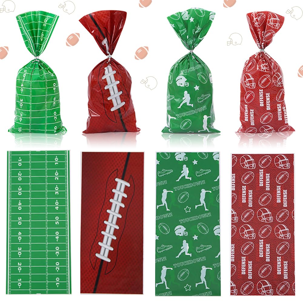 Glodecart100PCS Football Cellophane Bags for Football Party Cookie Football Field Candy Bags with Twist-Ties Red Green Football Theme Treat Goody Bags for Football Party Birthday Party Favor Supplies