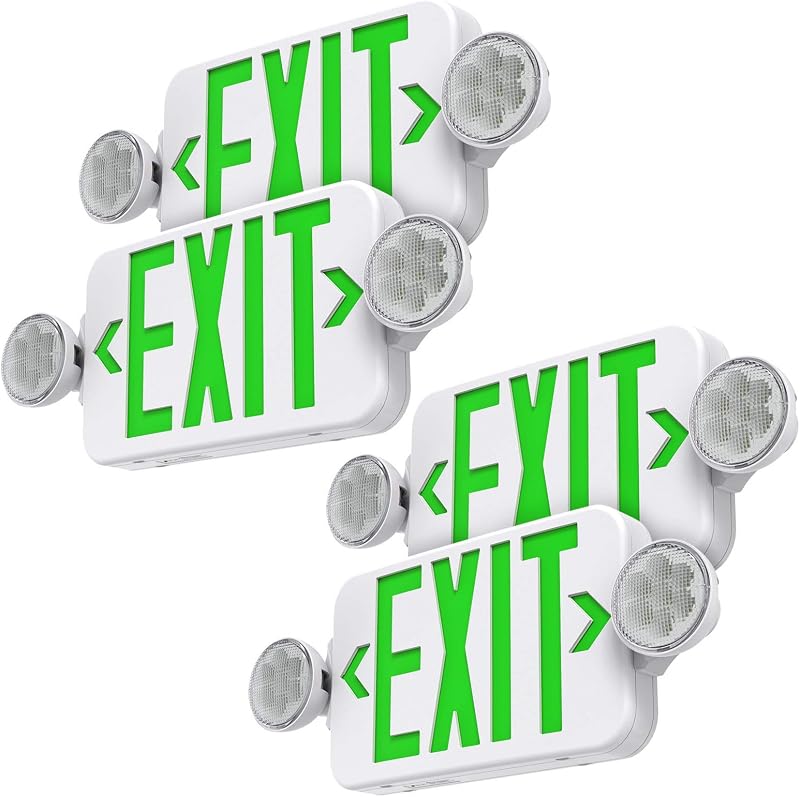 Señal de salida LED verde, luz de emergencia, combo ajustable de dos cabezales, doble cara y luz de salida de respaldo de batería, selección de contratista, CA 120/277 V (paquete de 4)