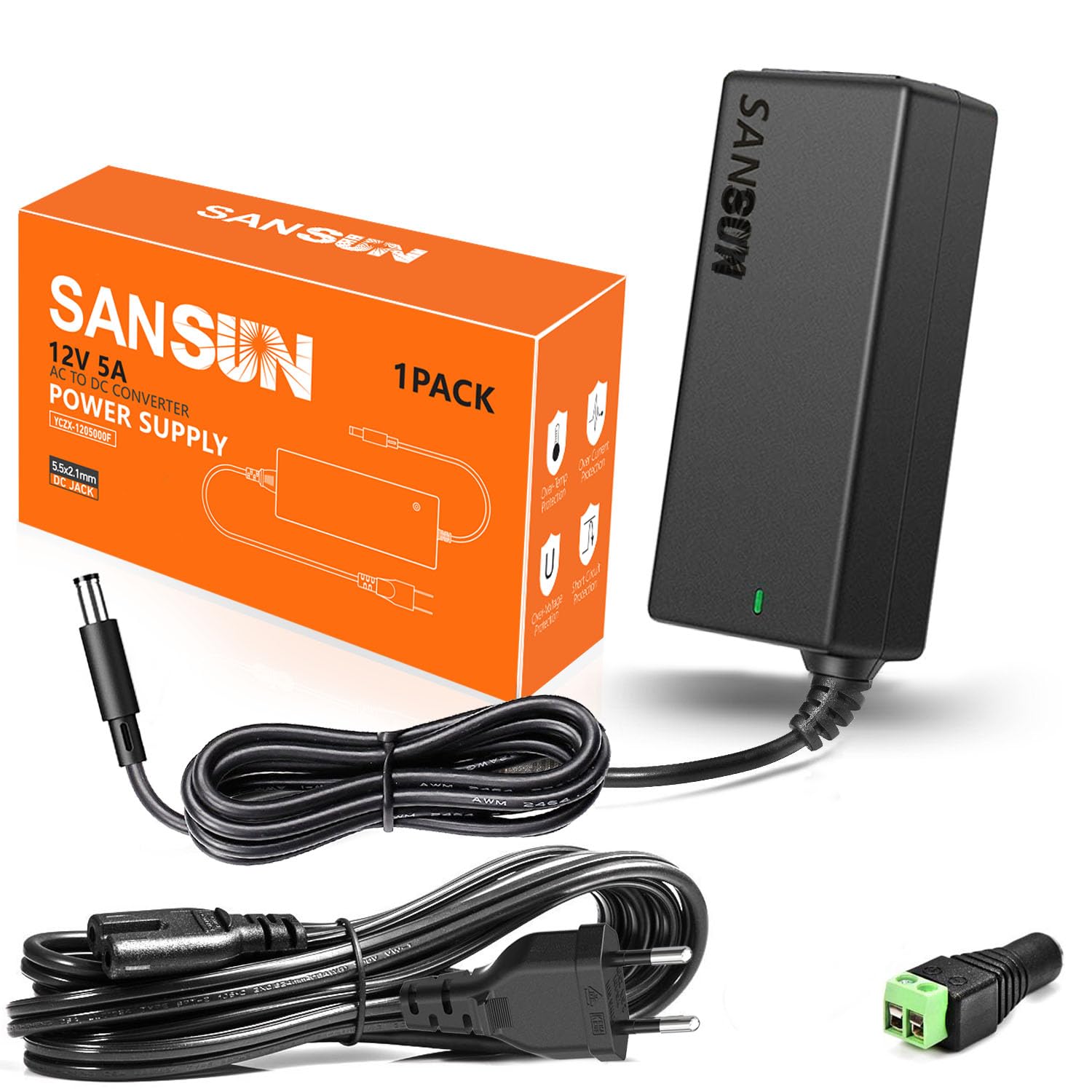 12V 5A Netzteil 60W AC DC Adapter (Eingang 110V-220V, Ausgang 12 Volt 5 Amp 60 Watt) DC Konverter LED Treiber Beleuchtung Trafo für 12V 5A Flexible LED Band Strip Light 1 Set schwarz