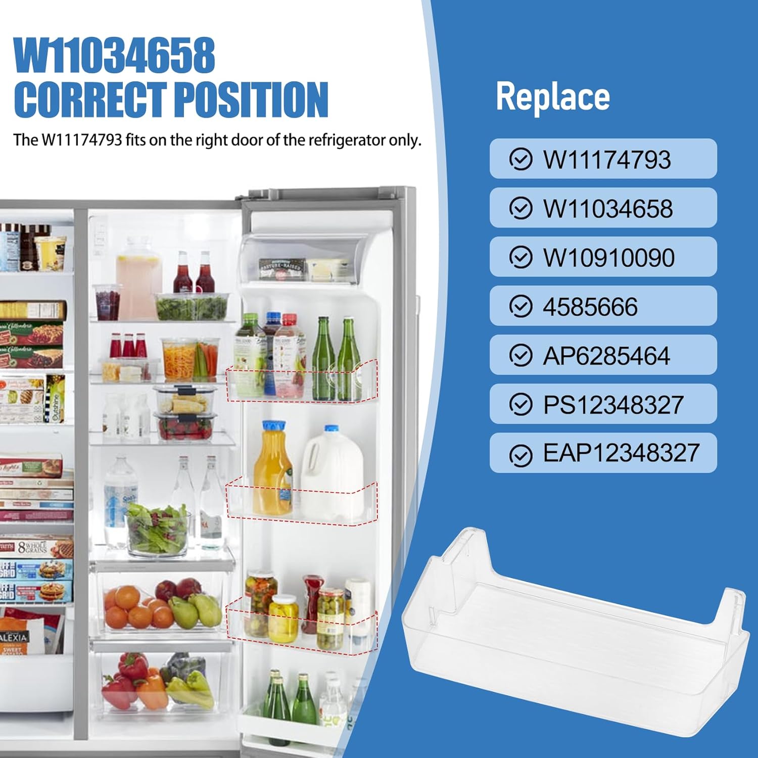 Bullro| W11174793 W11034658 Refrigerator Door Bin Shelf Compatible with amana kenmore maytag Right Side Door, W11034658 Door Bin Replace W10910090 4585666 AP6285464 PS12348327 EAP12348327