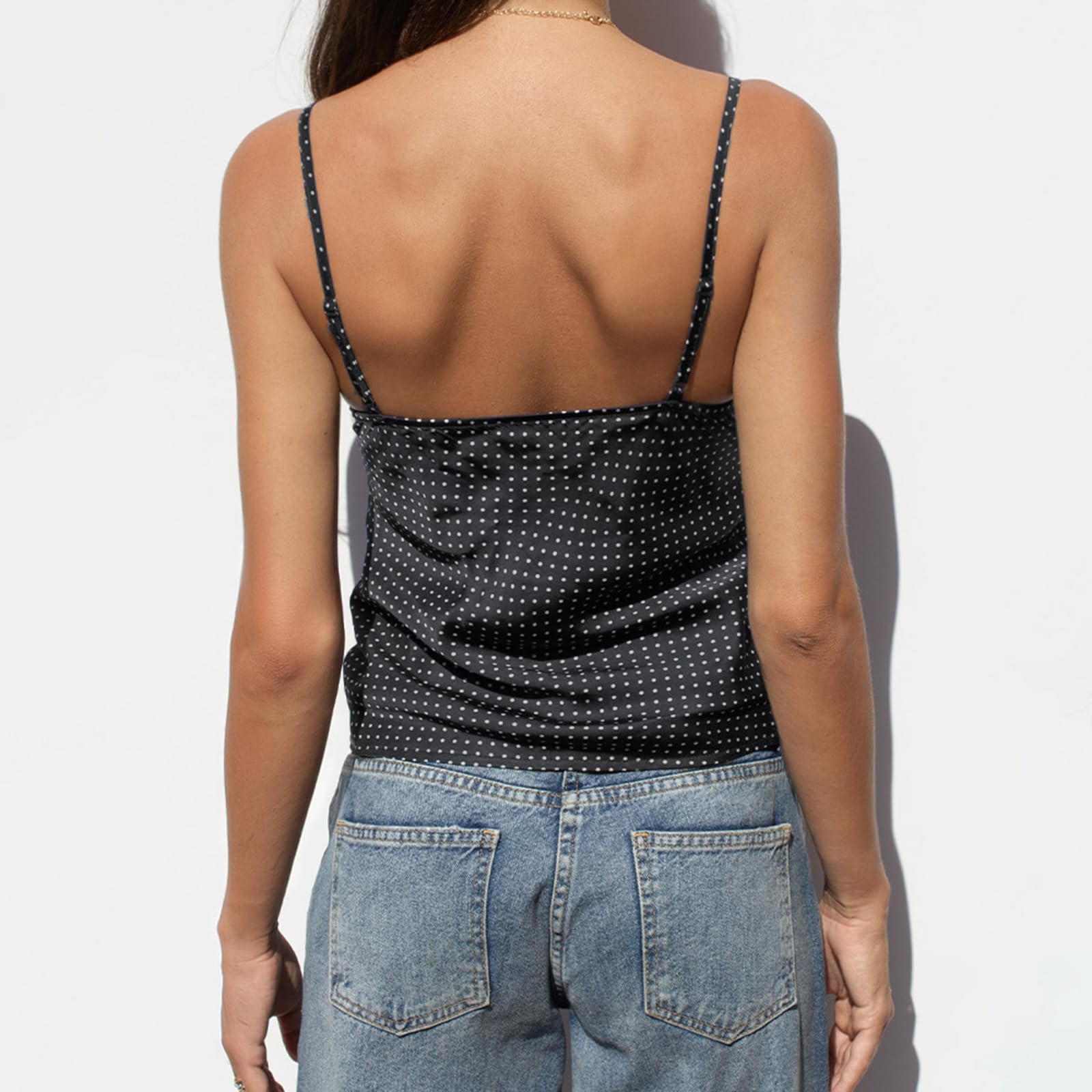 Sexy Outfit Top de Tirantes Y2K con Encaje de Lunares, Cuello en V, Correa de Espagueti, Ajustado, sin Mangas, para Verano, Casual, para Salir