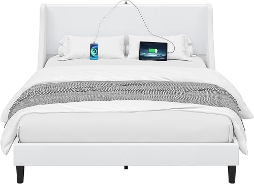 Miniatura 22 de VECELO Base de cama matrimonial con cabecera tapizada con respaldo alado, plataforma resistente con estación de carga y bolsillos laterales, no