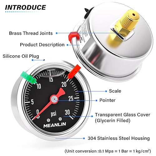 Miniatura 10 de MEANLIN MEASURE Medidor de presión de 0  30 psi, esfera con cara NPT de 1.5 pulgadas con relleno de glicerina, acero inoxidable con relleno de
