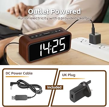 Netzu Loud Alarm Clocks Bedside, Wooden Alarm Clock with 12 Alarm Sounds, 5 Volumes, 5 Brightness, LED Display, Snooze, Manual DST, Loud Alarm Clocks for Bedroom Living Room, Mains Powered