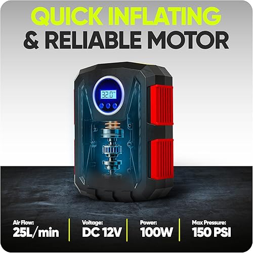Miniatura 5 de Inflador de neumáticos para coche con medidor de presión - Compresor de aire portátil - Bomba eléctrica automática - Fácil de guardar - Apagado