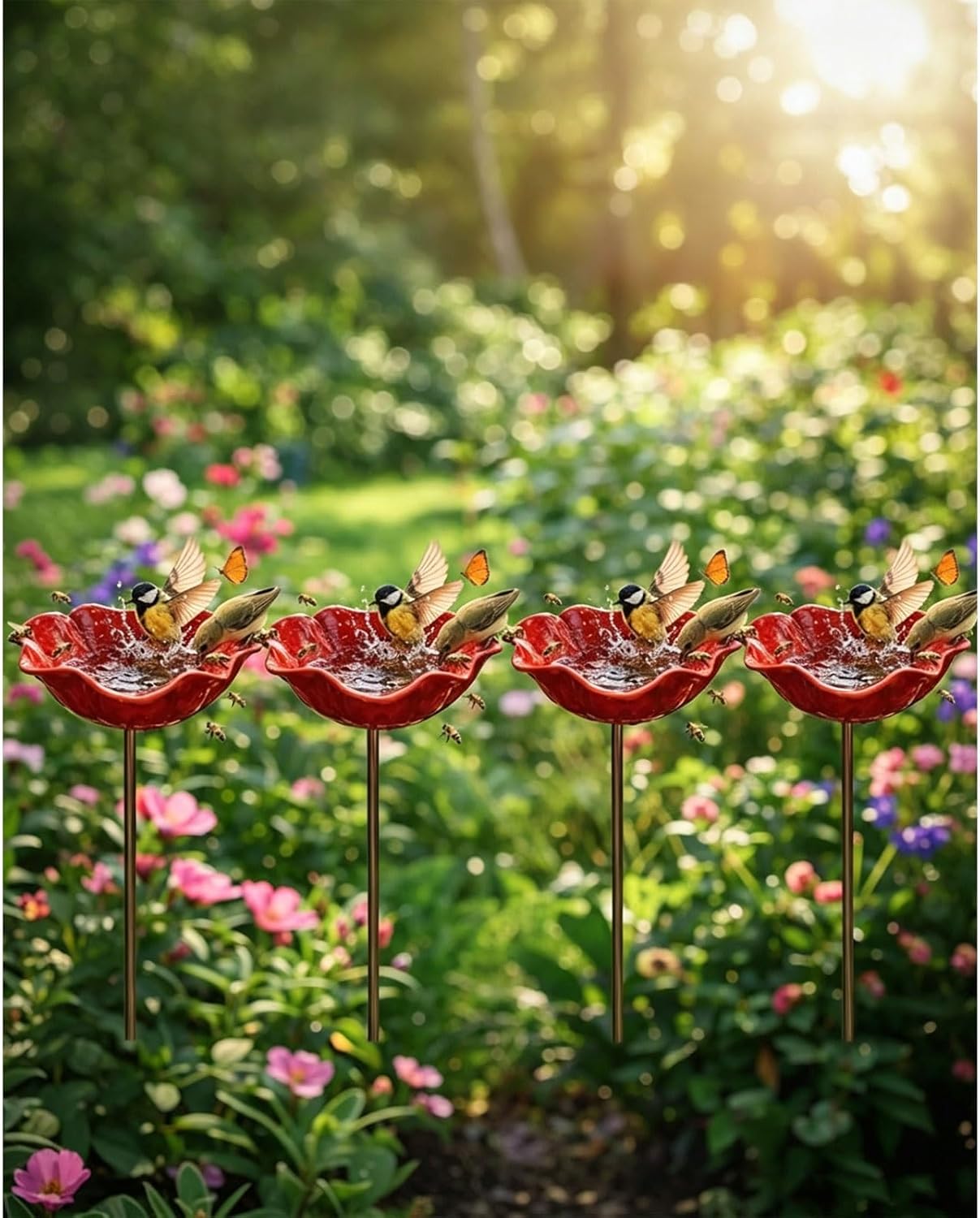 Handmade Metal Flower Garden Stake, Bee Bath & Bird Water Bowl, Decorative Outdoor Yard Art, Butterfly & Pollinator Watering Station, Weather-Resistant Garden Decor Gift(4pcs)