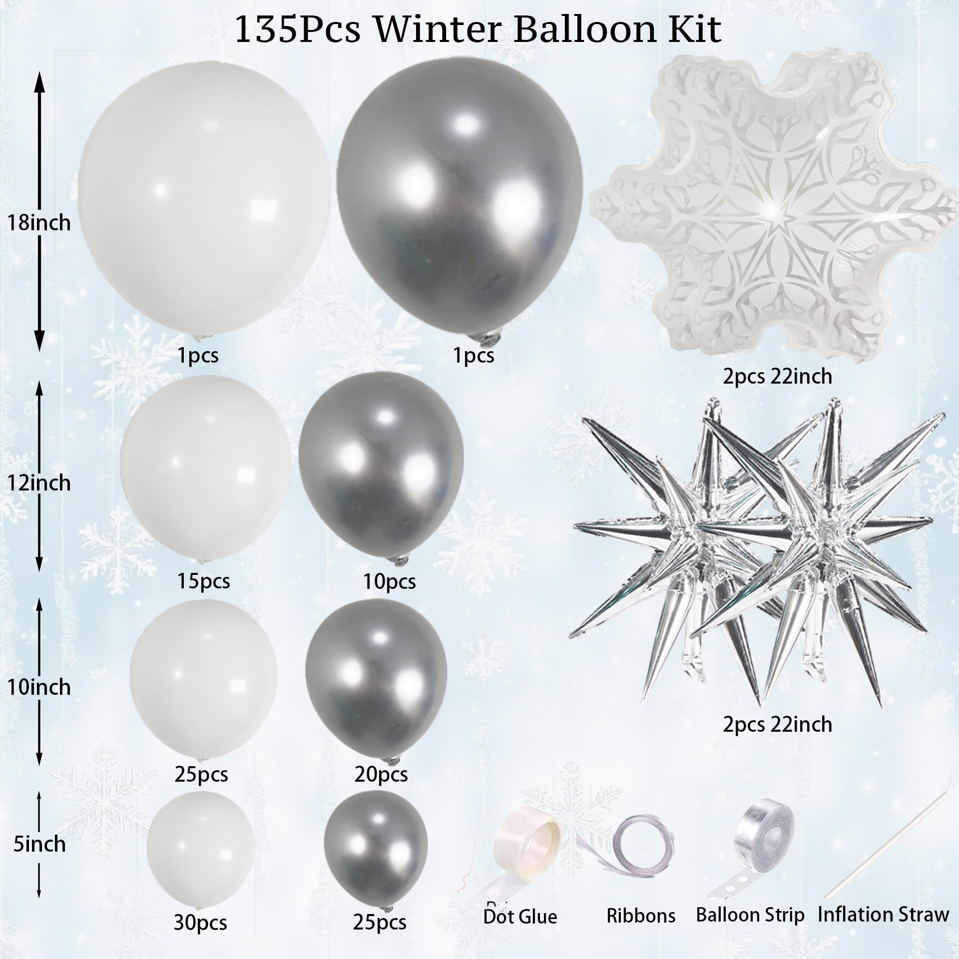 PartyXpress Kit de guirnalda de arco de globos de invierno de 135 piezas con globos de estrella de copo de nieve blanco y plateado para fondo de Año Nuevo 2026, fiesta de bebé, baby shower