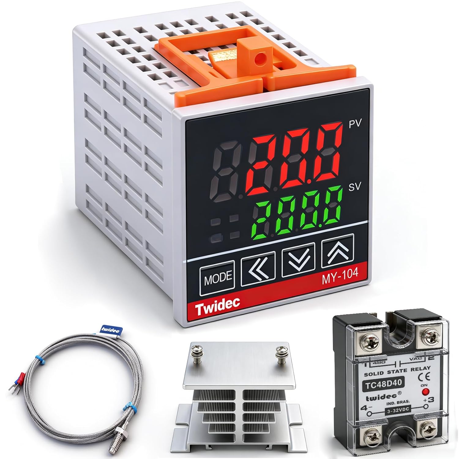 Twidec/MV100-B10 Digital Display PID Temperature Controllers Thermostat Regulator AC 85V - 265V MY-104+ K Sensor Thermocouple + Heat Sink and Solid State Relay SSR 25 DA