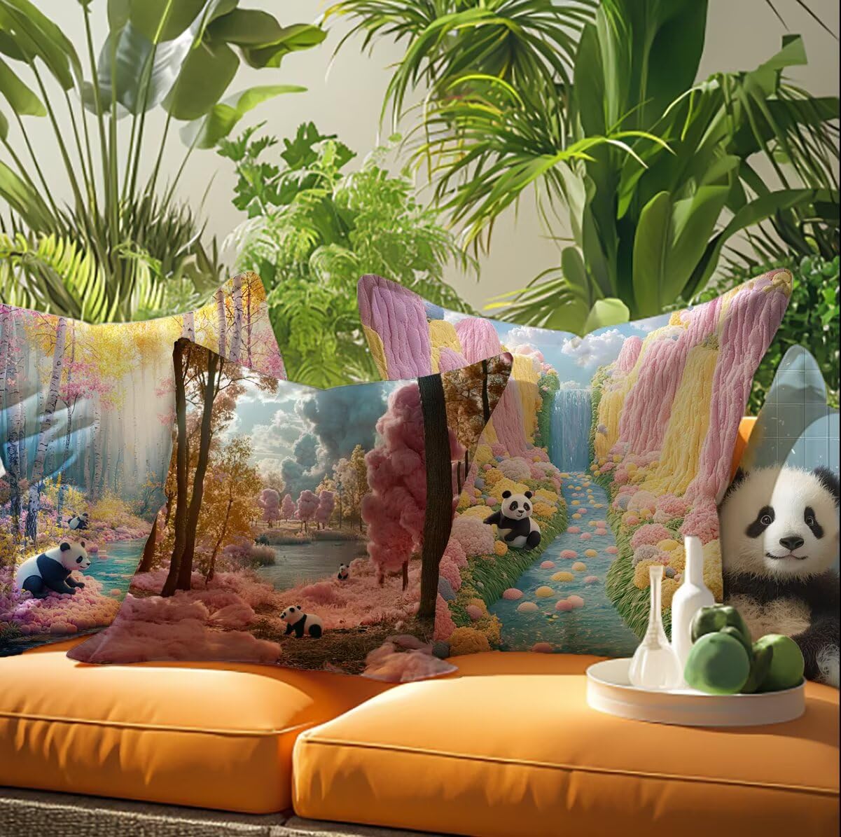 Funda Cojin 65x65 Pack de 4 Rosa Cojines de Exterior Impermeables de Lino, Cuadradas, Decorativas Panda para Sofá, Muebles de Jardín, Sofá, Cama, Banco, Decoración Rústica, Regalos para Mujeres G9-535