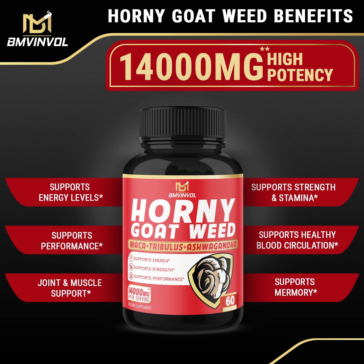 BMVINVOL (2 Packs) Horny Goat Weed Capsules, 14000mg Herbal Equivalent with Maca, Tribulus, Ginseng - Performance and Energy Support - 120 Capsules : Health & Household