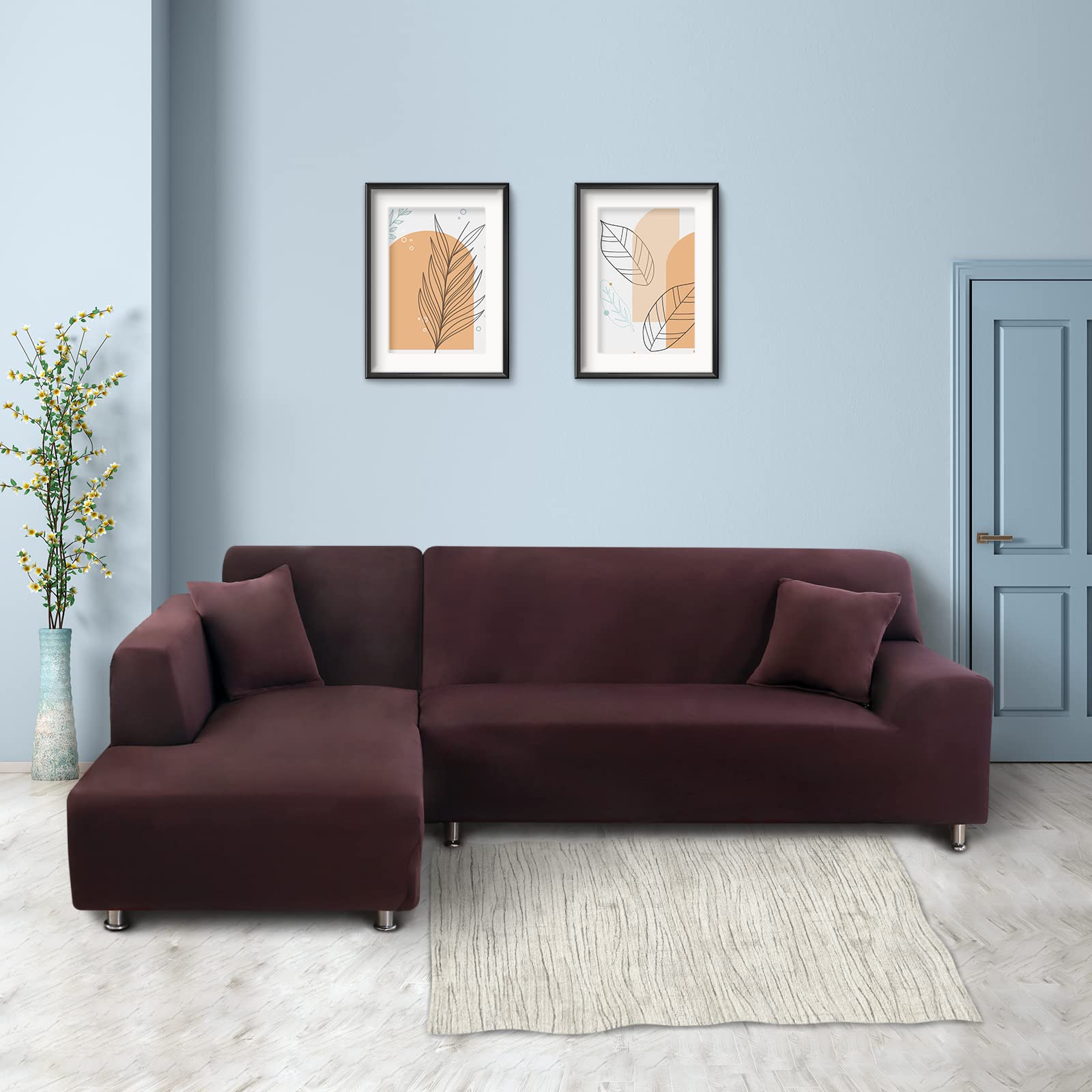 Lydevo Copridivano con Penisola Elasticizzato,Copridivano Angolare a Sinistra/Destra Universale con 2 Federi,Fodere Divano Penisola Forma di L,Chaise Longue Sofa Cover(3 Posti+4 Posti,Caffè)