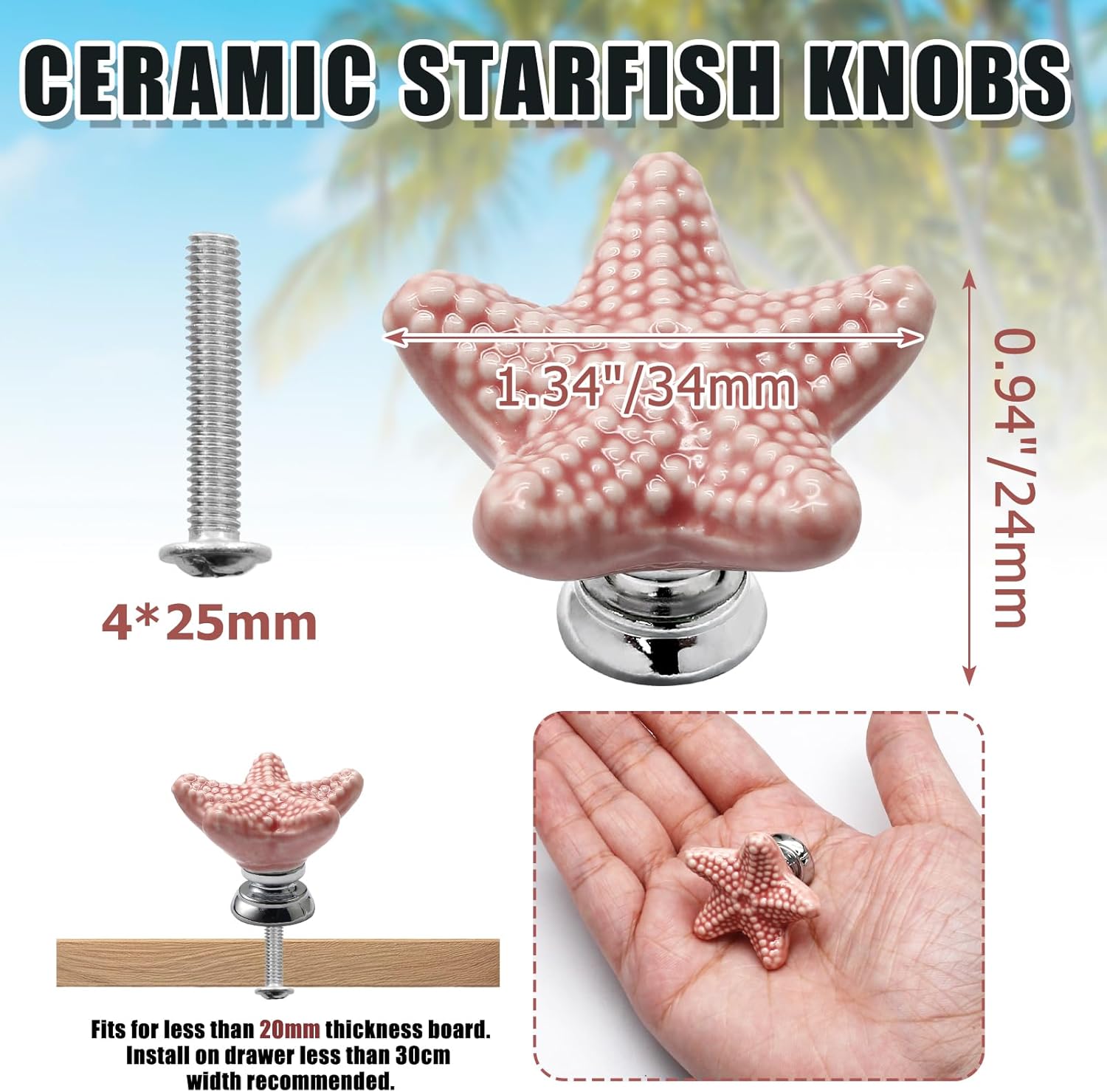 Luomorgo 4 Pack Ceramic Starfish Drawer Knobs - Coastal Pink Cabinet Handles for Kitchen, Dresser & Wardrobe Cupboard Drawer, Beach Theme Pulls with Screws