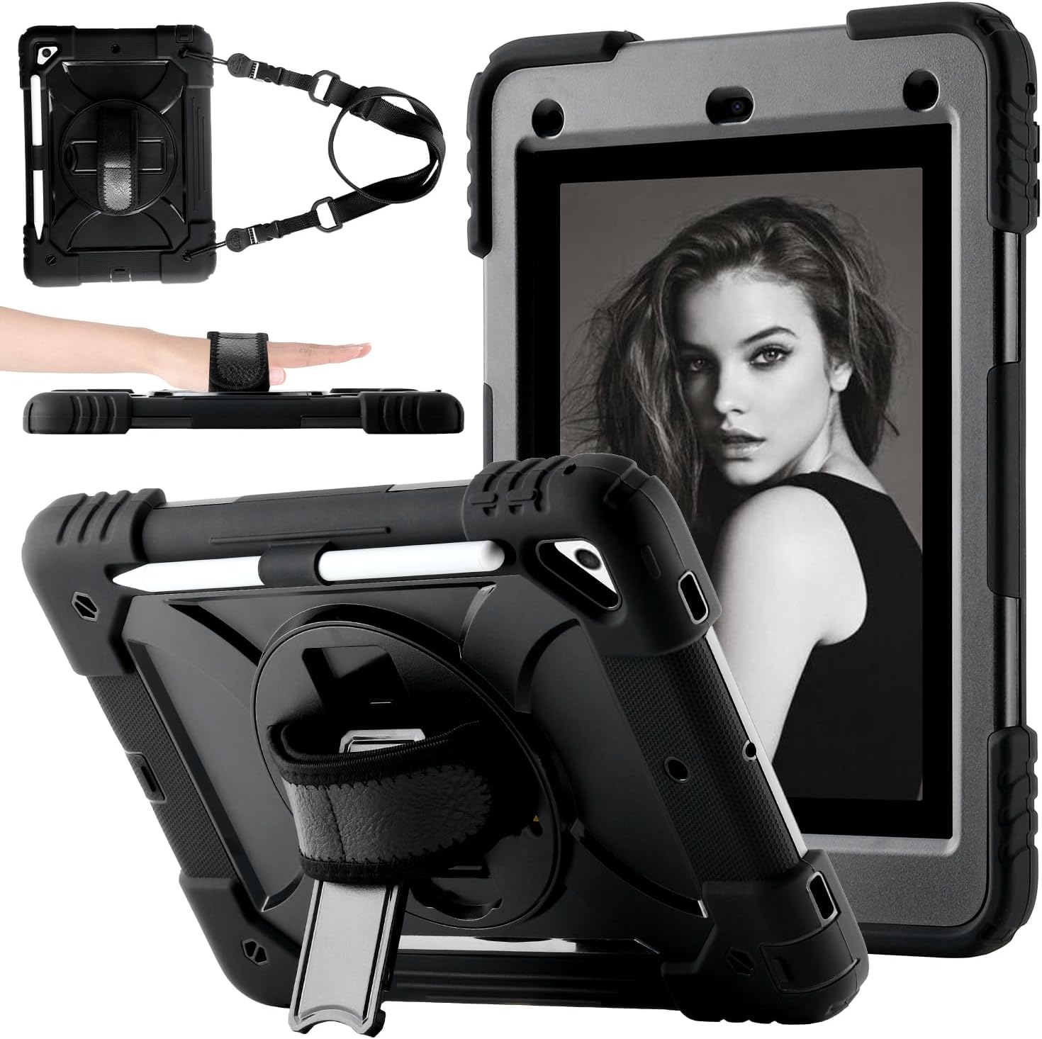 Case for iPad 9.7 6th/5th Gen, Air 2, Pro - Rugged Protective Cover with 360° Rotating Stand, Shoulder & Hand Strap, Pencil Holder (Black)