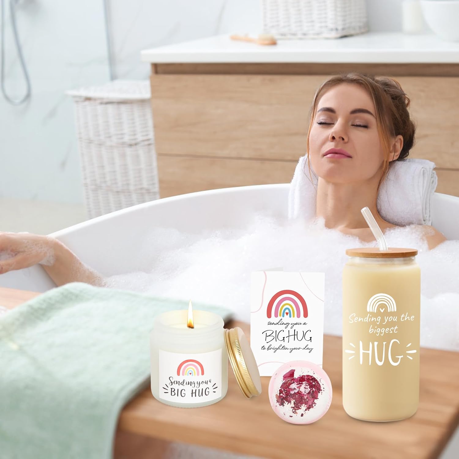 Get Well Soon Gift Baskets for Women, Sending You Hug Gifts, After Surgery Feel Better Gifts for Women Friend, 6PCS Sick Care Package for Woman, Encouragement Cheer up Gift with 16oz Glass - Image 4