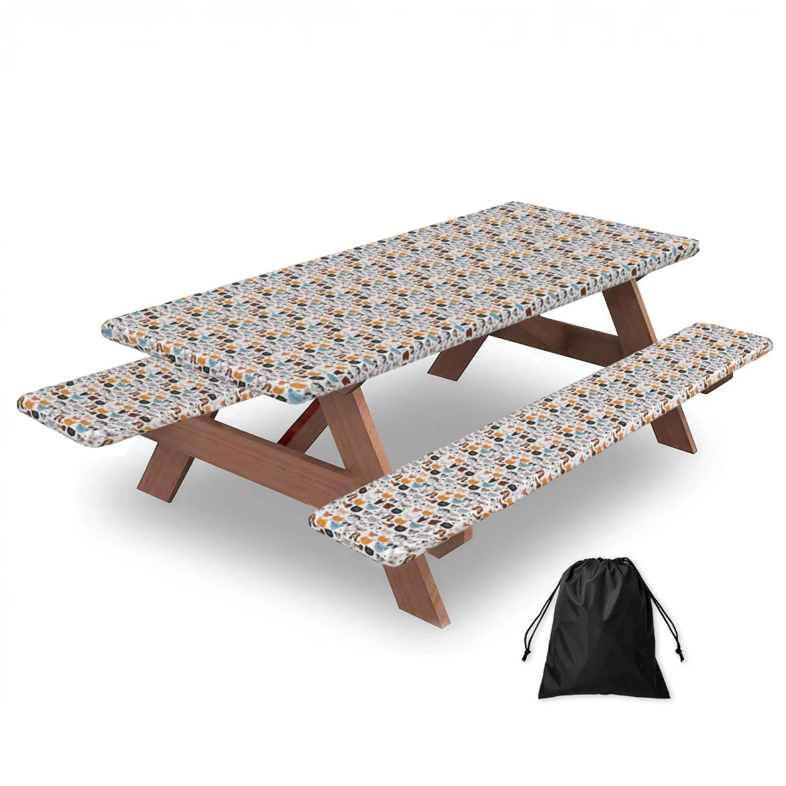 PPHGUT Cartoon Cat And Dog Print Picnic Table Bench Cover Set Outdoor Garden Bbq Protector For Family Camping