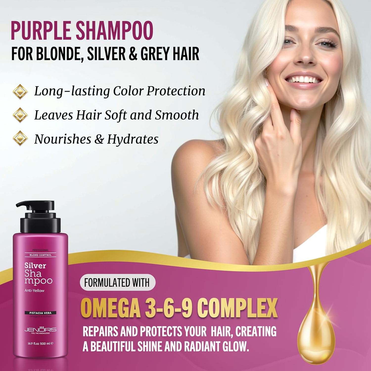 Jenoris Silver Purple Shampoo For Blonde, Silver, Gray & Lightened Hair – Neutralizes Yellow & Brassy Tones – Enriched with Natural Oils, Paraben & SLS Free, Salon Professional, 16.9 Fl Oz - Image 6