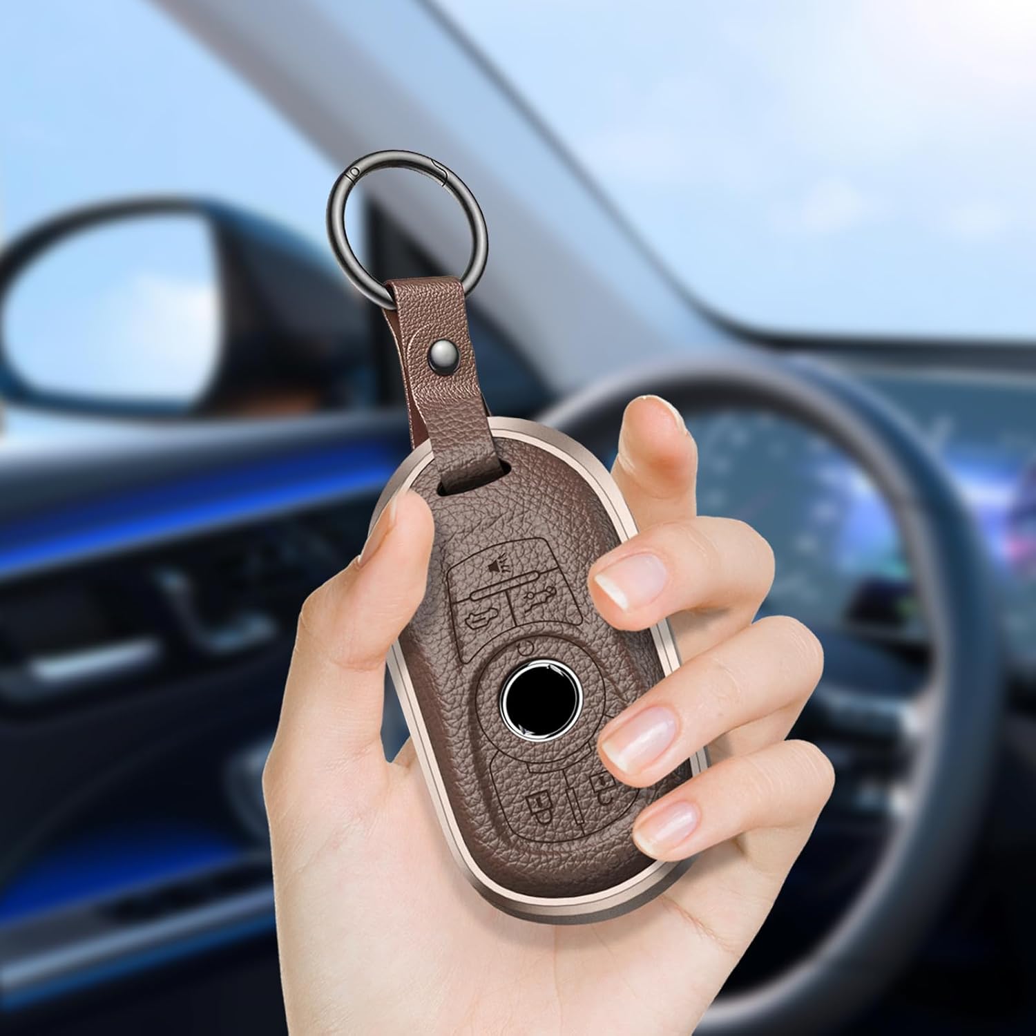 for Buick Key Fob Cover, Full-Body Protection Case Aluminum Frame & Leather, Anti-Scratch Shockproof Shell Compatible with Encore GX Envision Enclave Lacrosse Regal TourX Accessories (C-Brown)