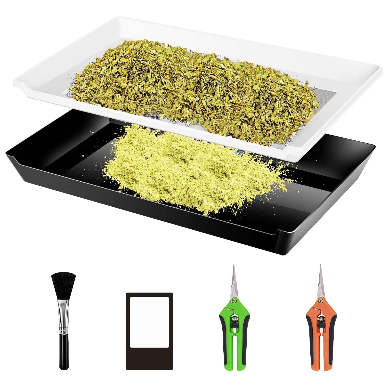Bandeja de Recorte, Bandeja con Pantalla con área de Filtro de 15 * 10 Pulgada Tamiz de Polen con Tijeras con Hoja Curva Tijeras con Hoja Recta Tarjeta de Aumento Y Cepillo
