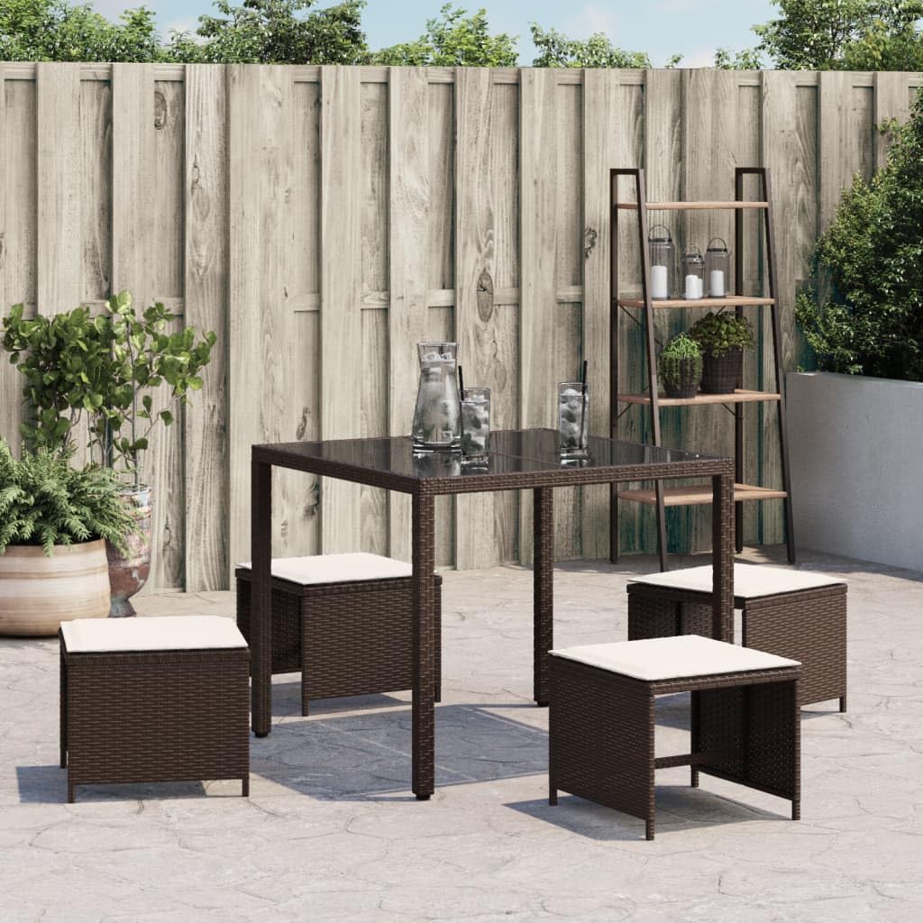 Taboret ogrodowy z poduszkami, 4 sztuki, brązowy, 40 x 40 x 35 cm, polirattan, odporny na warunki atmosferyczne, stal malowana proszkowo, taboret do siedzenia na balkon, taras, do wypoczynku