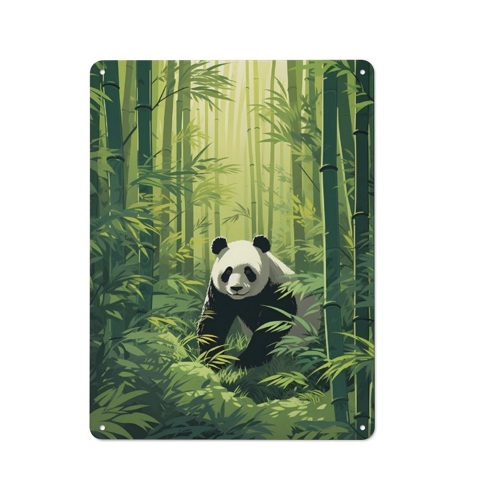 Junmoney Panda In Bamboo Forest Rustic Metal Sign 40X30cm For Hallway Wall, For Collectors Of Rustic Metal Wall Decor