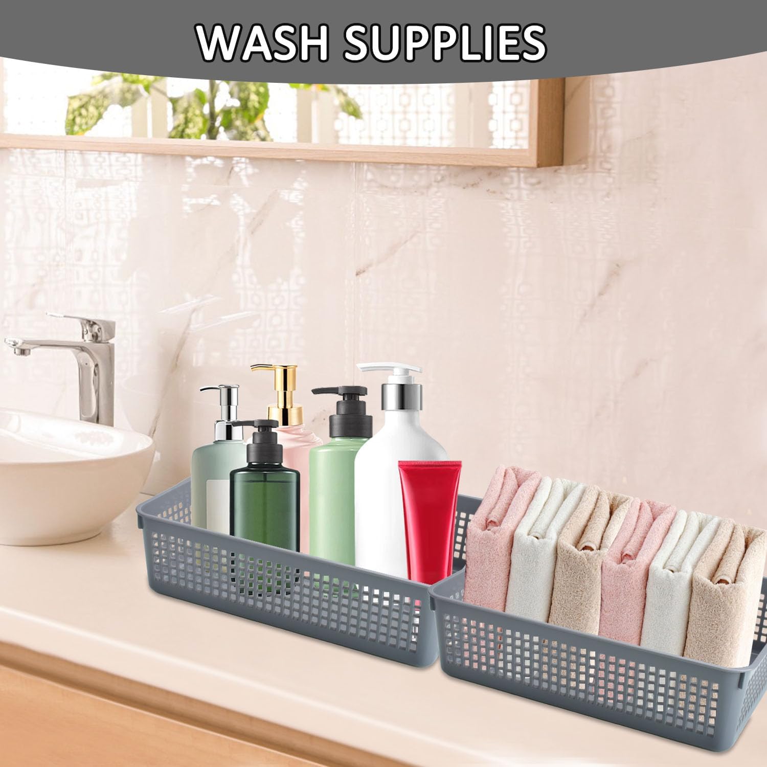 CONLI 6 PCS A4 Size Turn in Trays Classroom, Plastic Storage Basket Paper Tray Hold A4 Paper Toy Snack for Kitchen Shelves Bedrooms Office and Bathrooms (Gray)