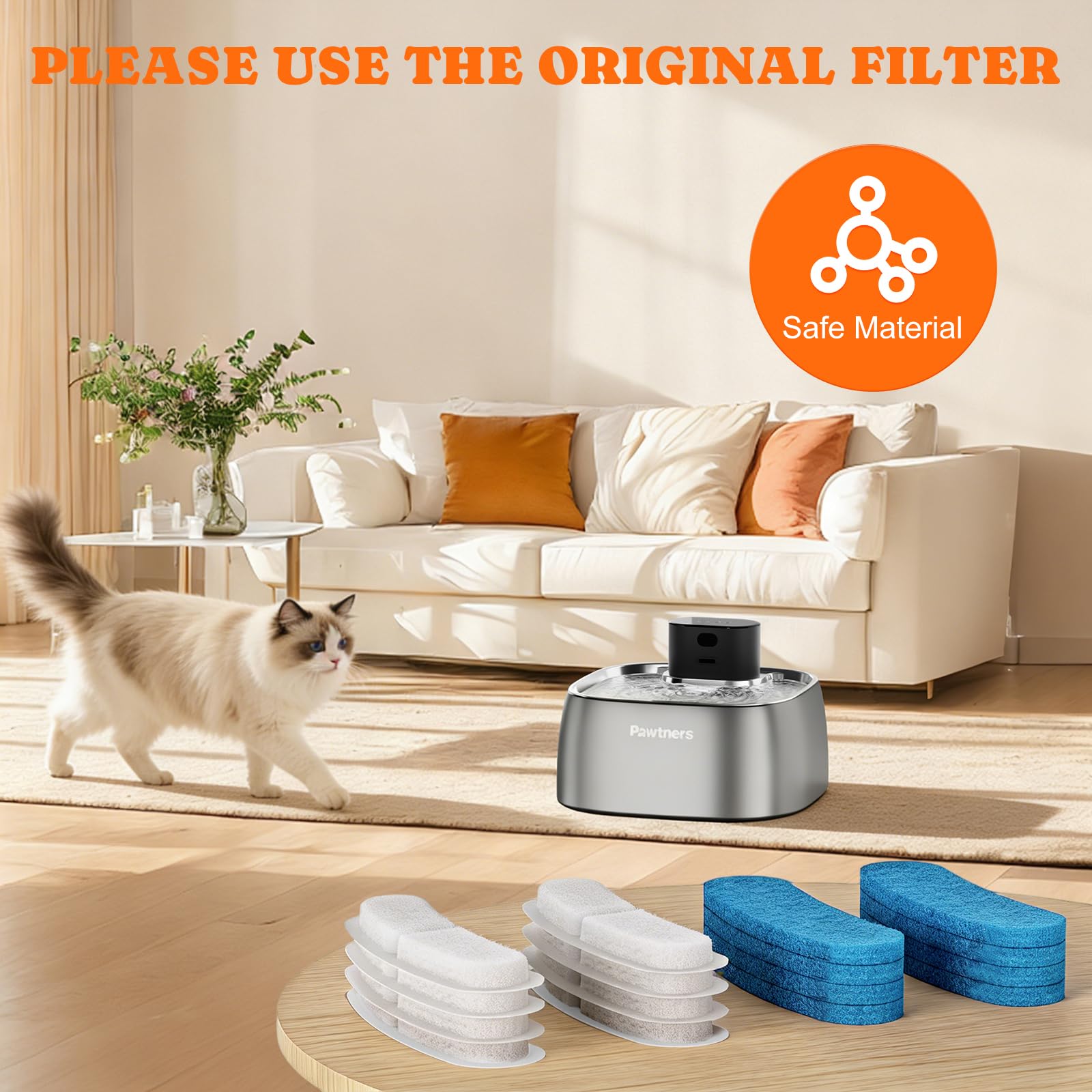 Pawtners Ersatzfilter für Pumpless-Katzen-Wasserbrunnen STR-PT-108A, mehrschichtige Filtration für Katzen-/Hundebrunnen, komplettes Set mit 8 Filtern und 8 Schwämmen, 8 Stück