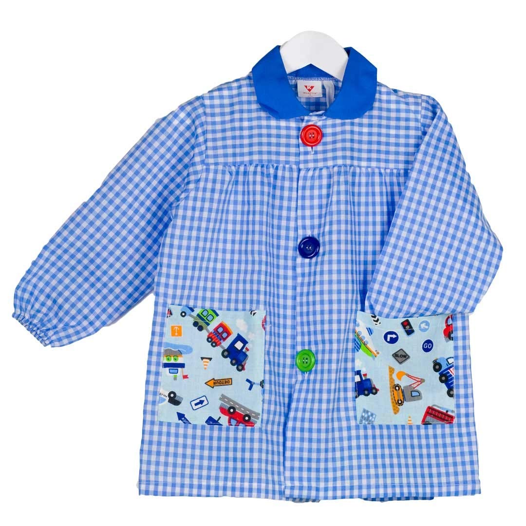 KLOTTZ KLOTTZ COCHE - Babi colegial cochecitos. Bata escolar colegio bolsillos coches. Mandilón para la guardería y uniformes escolares. niños color: CELESTE talla: 6