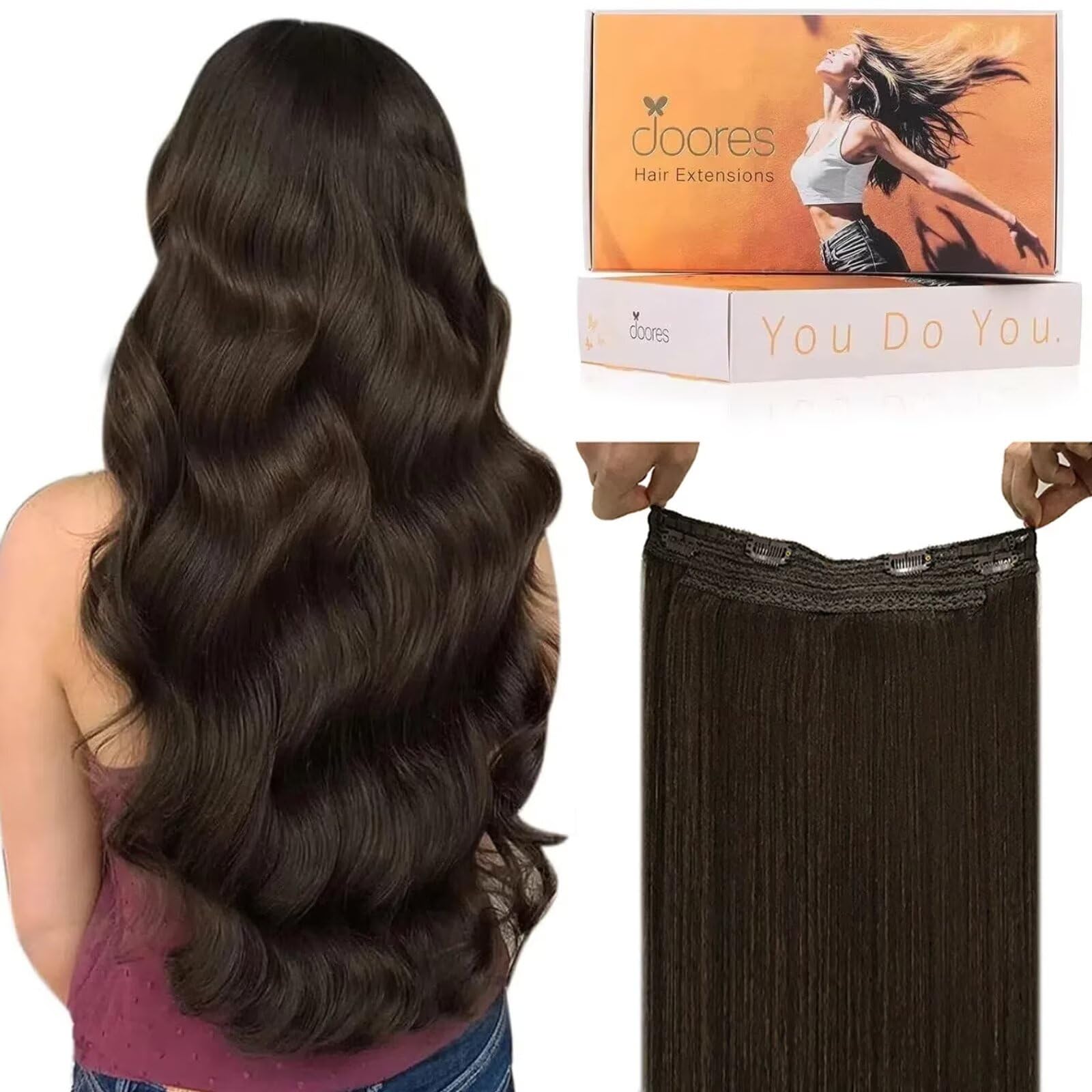 DOORES Human Hair Wire Extensions, Light Dark Brown 22 Inch 120g Fish Line Weft Extensions Real Remy Human Invisible Wire Straight Natural Secret Fish