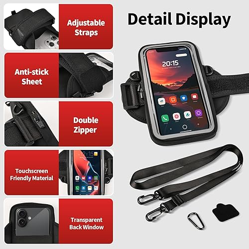 Miniatura 7 de Soporte para teléfono para correr, caminar y entrenar, brazalete para teléfono celular con mosquetón, bolsa cruzada transparente para teléfono con