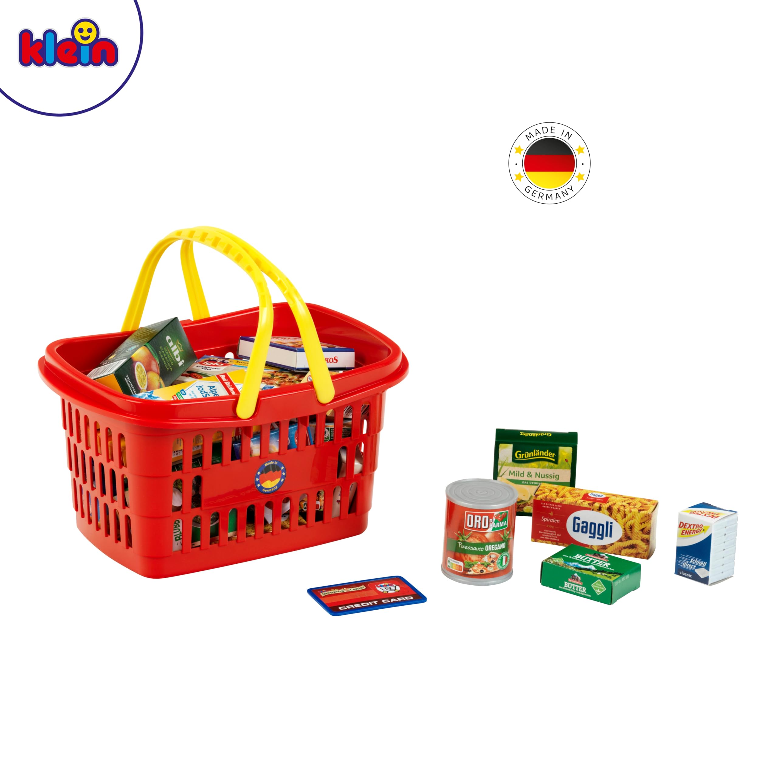 Theo Klein 7218 Koszyk na zakupy I Wypełniony niemieckimi produktami do sklepu I Zabawka dla dzieci od 2 lat