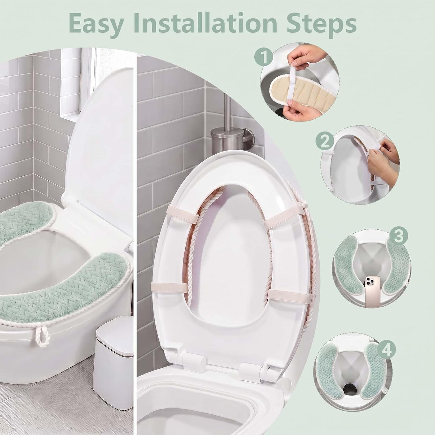 Padded Toilet Seat Warmer Cushion Washable(Green)