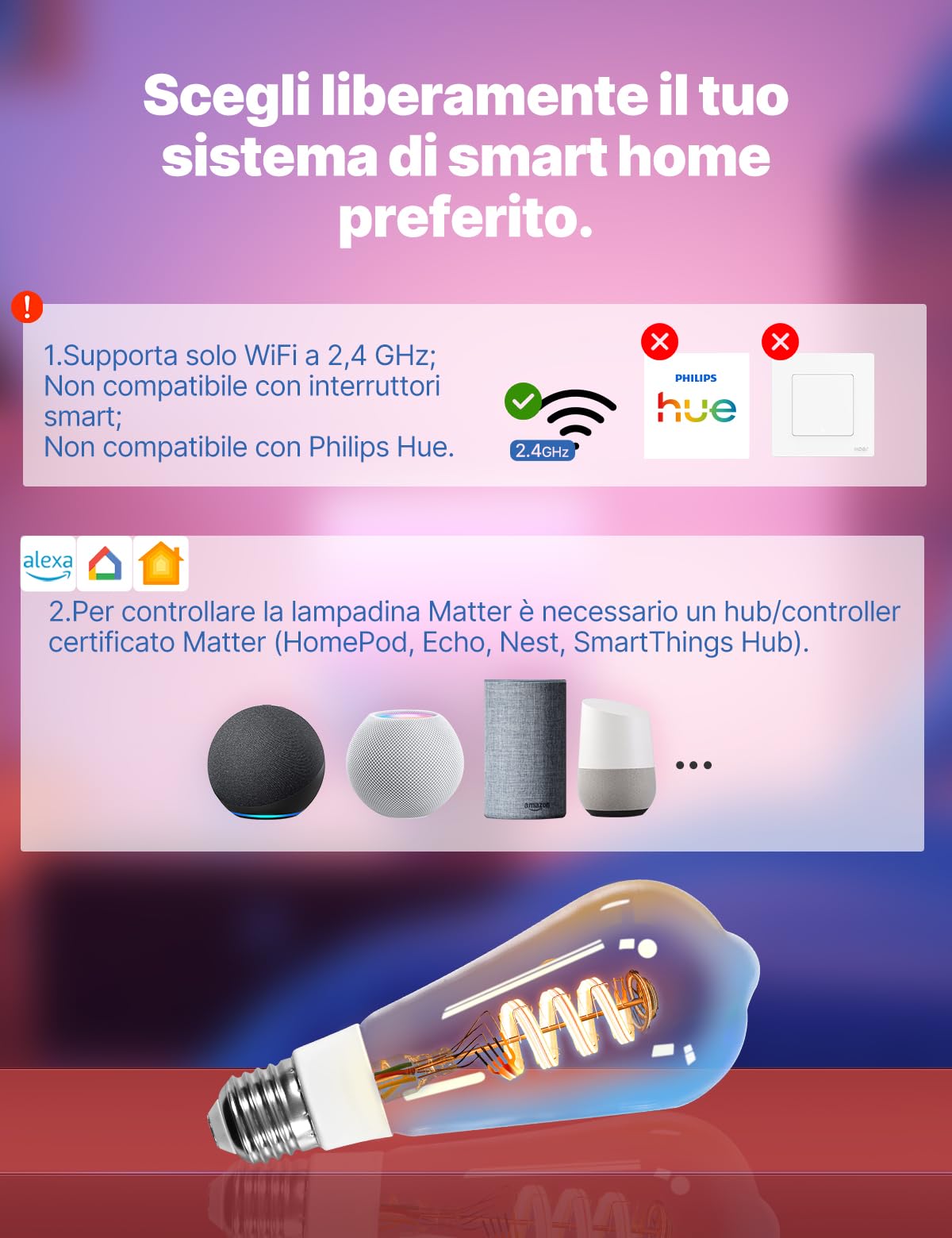 MOES Matter WiFi Lampadina intelligente RGB E27 compatibile con Alexa | Google Home, Apple Home, 5W 400LM 2700K-6500K RGB dimmerabile 16 Milioni di Colori, 2.4GHz