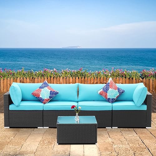 5 Pieces Patio Furniture Sets, Wonlink All Weather Sectional Outdoor Furniture Conversation Sets, PE Rattan Wicker Sofa Sets with Coffee Table and Cushions