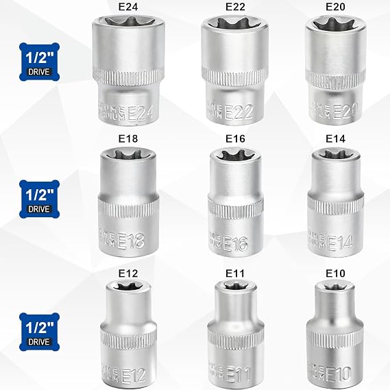 DAKCOS 9-Piece External Torx Socket Set 1/2 Inch Sockets E10 E11 E12 E14
